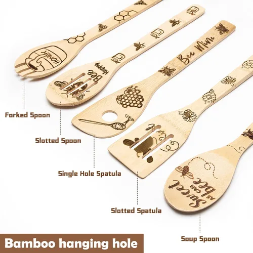 Vista 5 de Eartim Juego de espátulas de madera de abeja, 5 piezas de utensilios de cocina con temática de abeja, antiadherente natural, tallado, cuchara
