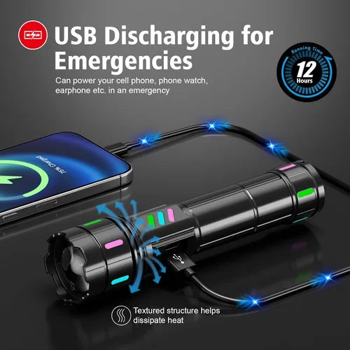 Vista 5 de Linterna 20000 Lúmenes Altos Recargable - Luz LED Flash Súper Brillante de 30W con Pantalla LCD Haz de 3937ft y 12H de Larga Duración USB C