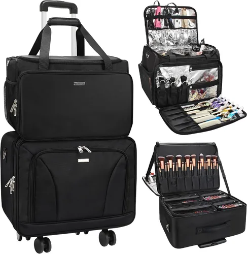 Vista 9 de MONSTINA Estuche de tren de maquillaje rodante, estuche de cosmetología sobre ruedas, bolsa de maquillaje para artista, cosméticos profesionales