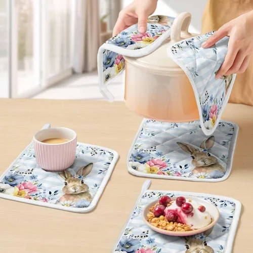 Vista 5 de Juego de soportes para ollas de Pascua azules para cocina, platos de sartén para horno, tapete a prueba de calor con lazo para colgar, agarraderas