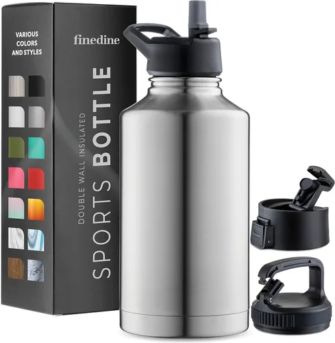Vista 14 de FineDine Botellas de agua aisladas de triple pared con popote, botella de metal de acero inoxidable de 25 onzas con 3 tapas a prueba de fugas