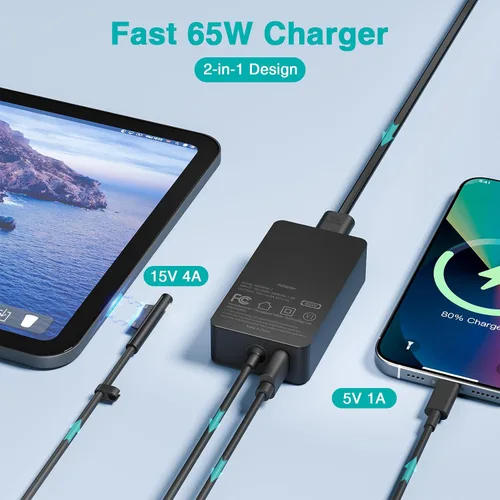 Vista 3 de Cargador de 65 W compatible con Microsoft Surface Pro 11, 10, 9, 8, 7+, 7, 6, 5, X, laptop 7/6/5/4/3/2/1/Studio, Go 4/3/2/1, Book 3/2/1, compatible