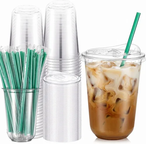 Vista 16 de Ziliny Paquete de 50 vasos de plástico transparente negro de 12 onzas con tapas y popotes, vasos desechables para mascotas, taza de café helado