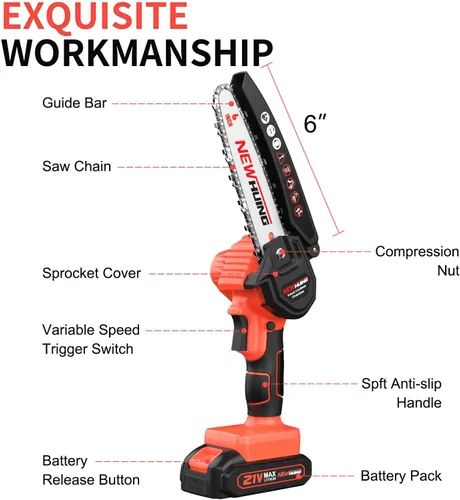 Vista 2 de Mini motosierra eléctrica inalámbrica de 6 pulgadas, motosierra portátil de mano con 2 baterías, sierras de cadena de alimentación recargables de 21