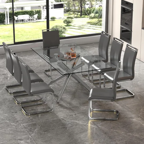 Vista 22 de Juego de 6 mesas de comedor de cristal, moderno juego de mesa de comedor de vidrio templado rectangular transparente de 71 pulgadas y 6 sillas