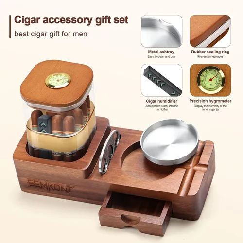 Vista 3 de Set de humidificador de puros y cenicero SEMKONT, bandeja de madera con frasco humidificador de acrílico, soporte para cortador, cajón, ranura