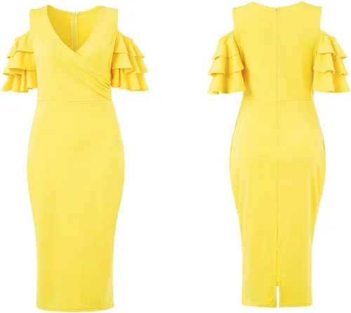 Vista 6 de VERWIN Vestido de noche con mangas con volantes y hombros descubiertos, cuello en V, elegante, sexy, para fiesta, noche, vestido ajustado