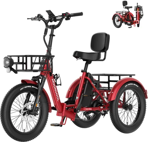 Vista 11 de MOONCOOL Triciclo eléctrico plegable para adultos, E-Trike de aluminio de 20 pulgadas con función de marcha atrás y opciones de largo alcance, Plata