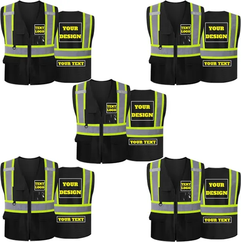 Vista 10 de Chaleco de seguridad reflectante de malla con logotipo personalizado Clase 2 con 5 bolsillos y cremallera