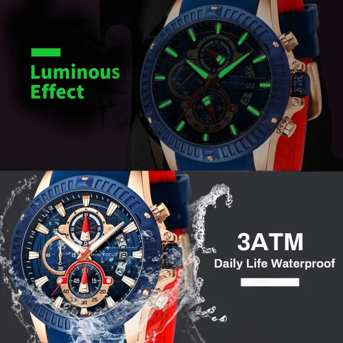 Vista 5 de Mini Focus - Reloj deportivo militar para hombre (cronógrafo, resistente al agua, luminoso, calendario), correa de silicona de cuarzo para hombre