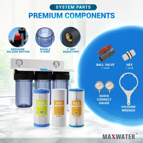 Vista 5 de Max Water Sistema de filtración de agua de 3 etapas (sedimento, olor y mejora el sabor) para toda la casa (10 pulgadas x 4.5 pulgadas), sistema
