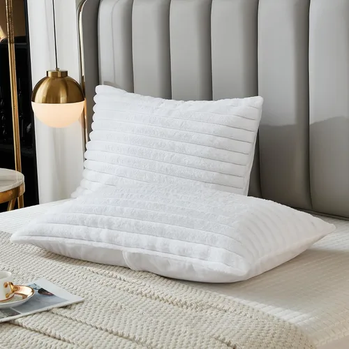 Vista 16 de Juego de 2 fundas de almohada para cama tamaño king, fundas de cojín rectangulares lumbares con diseño de rayas, forro de piel de conejo sintética