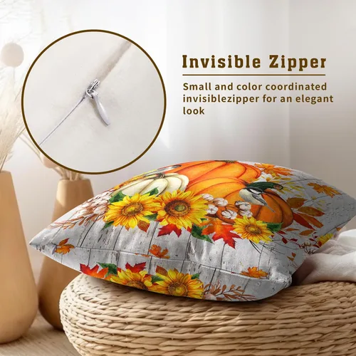 Vista 4 de Giwawa Juego de 2 fundas de almohada de calabaza otoñal de 16 x 16 pulgadas, fundas de cojín de algodón de madera de girasol para sofá, patio
