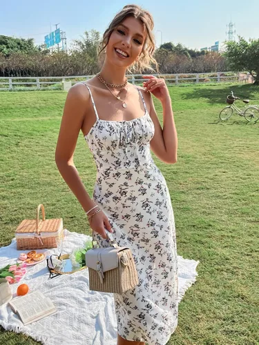 Vista 4 de Floerns - Vestido de verano con tirantes delgados con abertura en la pierna, para mujer, por debajo de la rodilla, floral