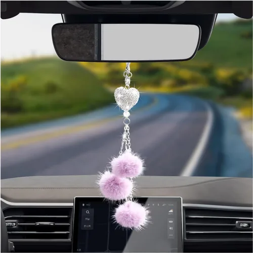 Vista 8 de Dickno Adorno Colgante Brillante para Coche, Divertido Pendiente de Corazón de Amor y Bola de Peluche Rosa para Espejo Retrovisor para Mujeres