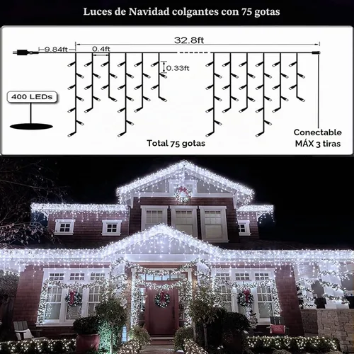 Vista 4 de Luces LED de Navidad para exteriores, decoraciones de Navidad, luz colgante de 400 LED, 8 modos, 75 gotas, impermeable, para interiores