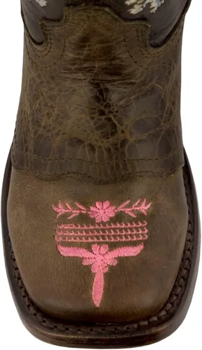 Vista 3 de Jazmin - Botas vaqueras con bordado floral para niñas pequeñas, color marrón, punta cuadrada, TRUE