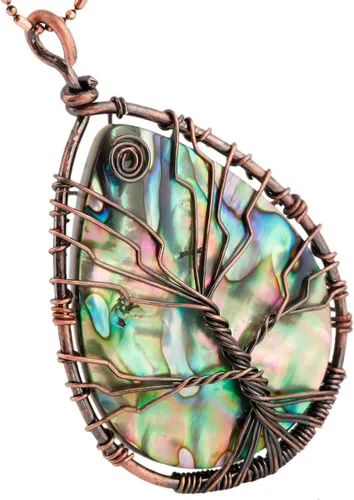Vista 4 de SUNYIK - Collar con dije de concha de abulón en forma de árbol de la vida, joyas para mujer envueltas en alambre de cobre, de varias formas, cobre