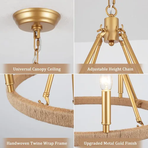 Vista 3 de Candelabro dorado de 24 pulgadas, 8 luces doradas para comedor, lámpara colgante redonda rústica para sala de estar, vestíbulo, entrada, techo alto