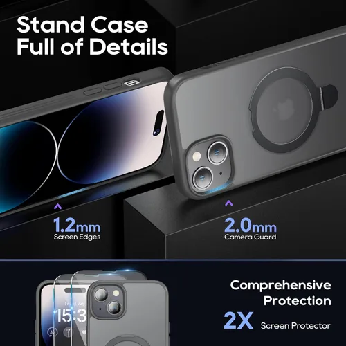 Vista 3 de Funda magnética para iPhone 15 con soporte, soporte de anillo invisible con protector de pantalla compatible con MagSafe Slim esmerilado mate, funda