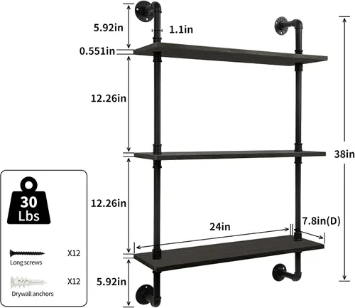 Vista 3 de Estante flotante de tubo industrial de 3 niveles, estante de almacenamiento rústico de madera de 24 pulgadas montado en la pared para cocina, Negro