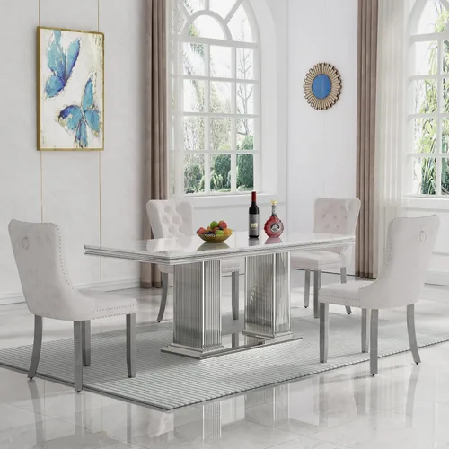 Vista 35 de Juego de mesa de comedor de 5 piezas para 4, mesa de cocina de mármol negro de 68 pulgadas con 4 sillas beige, mesa de comedor rectangular moderna