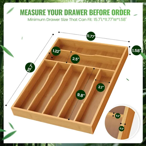 Vista 3 de Organizador de cubiertos, soporte para utensilios de cajón de cocina (bambú, grande)