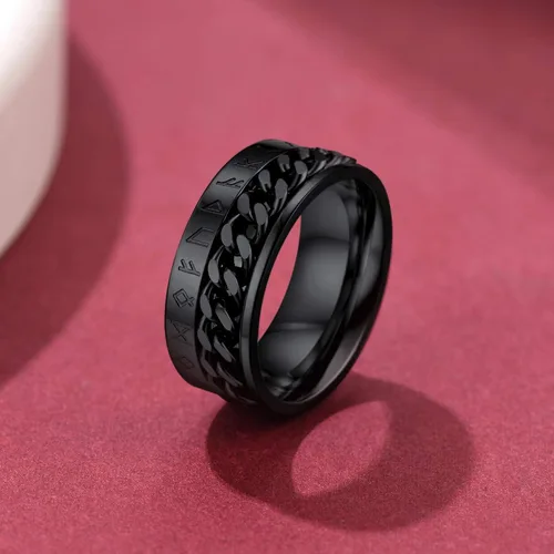 Vista 8 de FaithHeart Anillo giratorio nórdico vikingo con runas de acero inoxidable chapado en oro para hombres y mujeres, puede grabar personalizado