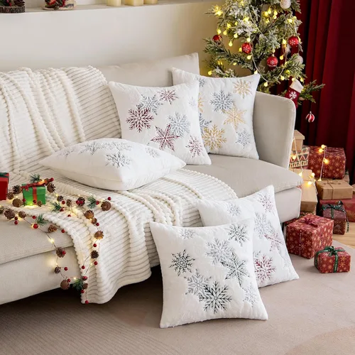 Vista 4 de MIULEE - Juego de 2 fundas de almohada decorativas de Navidad, de pelo sintético suave con bordado de copos de nieve, almohadas lindas de invierno