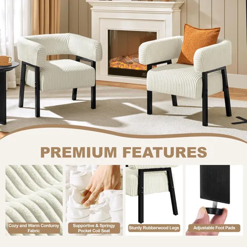 Vista 3 de Yaheetech Silla decorativa de pana con diseño de barril, moderno sillón tapizado con patas de madera maciza, acogedora silla de ocio con asiento