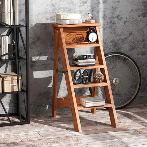 Vista 6 de Escalera de madera de 5 niveles, taburete plegable para el hogar, estante de almacenamiento multiusos para flores, escalera de escalera