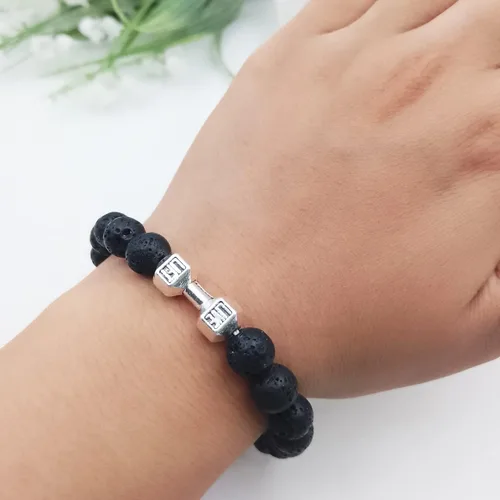 Vista 16 de Pulsera de mancuernas negra hecha a mano, para gimnasio, hermanos, fitness, piedra volcánica, piedra de lava volcánica, ajustable, pulsera