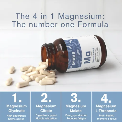 Vista 2 de SEIMA - Complejo de magnesio 4 en 1 – 1200 mg con glicinato, citrato, L-treonato y malato – sueño, alivio del estrés, recuperación muscular, energía
