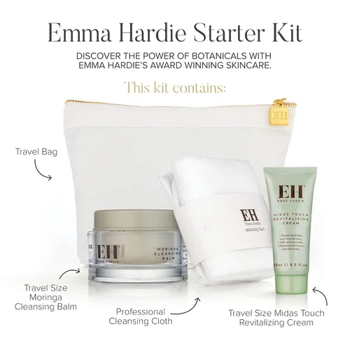 Vista 2 de Emma Hardie Kit de iniciación: Bálsamo limpiador de moringa de tamaño de viaje de 1.7 fl oz, tamaño de viaje, 0.5 fl oz de crema revitalizante Midas