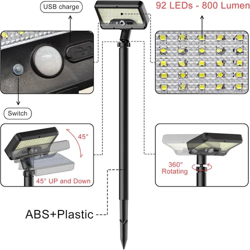 Vista 3 de Tryme Luces Solares con Sensor de Movimiento para Exteriores Impermeables 92 LEDs Luces Brillantes para Senderos con Ángulo Ajustable y 3 Modos