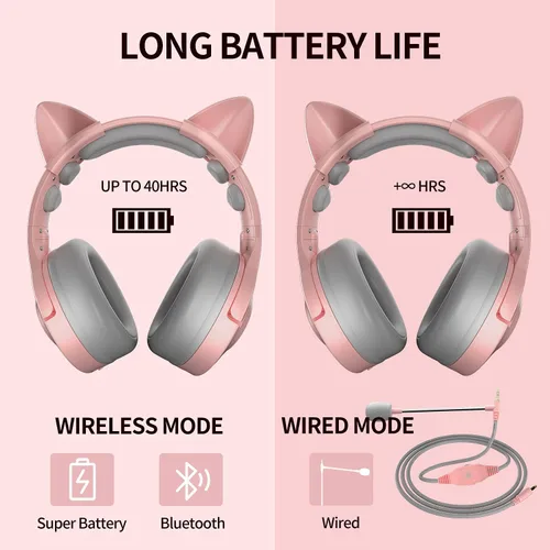 Vista 8 de PHOINIKAS Auriculares inalámbricos para juegos con bonitas orejas de gato con cable para PS5 PS4 PC Nintendo Switch Q9 sobre la oreja con micrófono