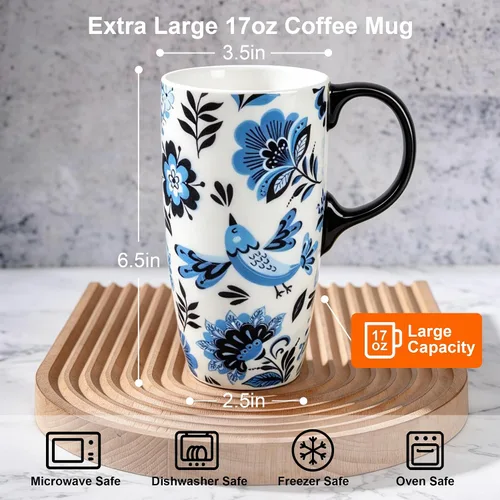 Vista 7 de Topadorn Taza de Café de Cerámica de Viaje con Tapa y Caja de Color, 17oz Termo de Café Apto para Microondas y Lavavajillas, Pájaro Azul