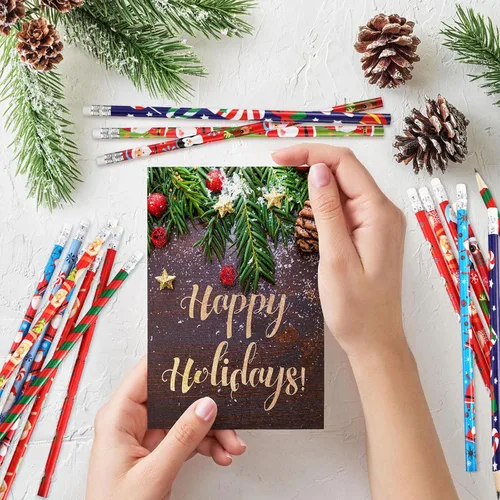 Vista 5 de Outus 48 lápices de Navidad con borrador, lápices de madera de Navidad, lápiz navideño con elementos de Navidad para regalos de Navidad, suministros