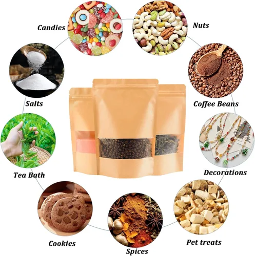 Vista 4 de 100 bolsas de papel kraft con ventana (3.6 x 5.5 pulgadas), bolsas de papel resellables para almacenamiento de alimentos, bolsa de regalo