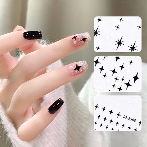 Vista 3 de CHANGAR Starlight - 6 hojas de calcomanías de uñas con lazo de estrella blanca y negra, suministros para mujeres y niñas, accesorios de manicura