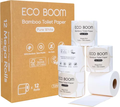 Vista 10 de ECO BOOM Papel higiénico de bambú sin blanquear, 100% libre de deforestación y sin plástico, 3 capas resistentes, certificado FSC, sin fragancia, 9