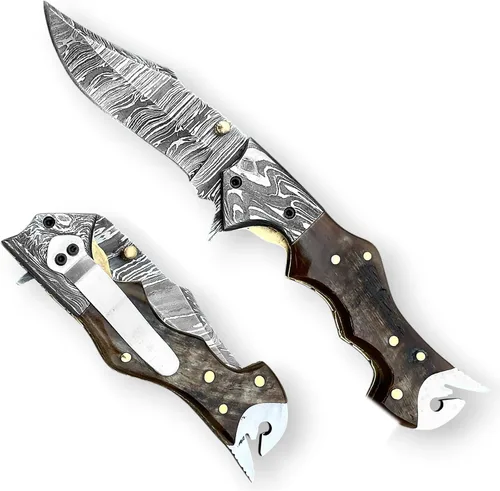 Vista 10 de WINTERFELL Cuchillo de bolsillo de acero de Damasco con mango de hueso de camello quemado con clip para cinturón, cuchillo de regalo personalizado