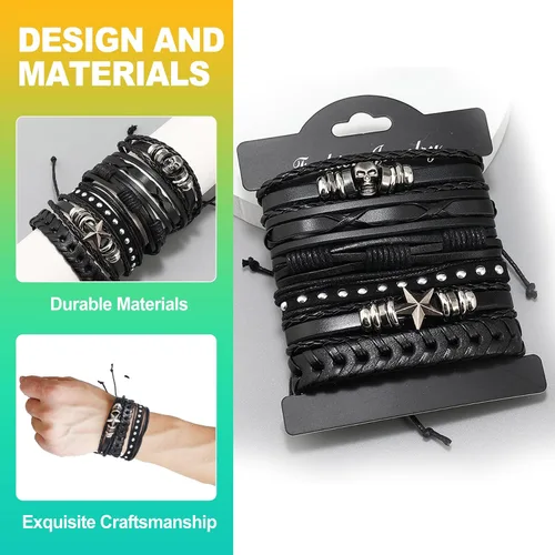 Vista 3 de Paquete de 6 pulseras punk góticas y emo, pulseras ajustables de cuero con tachuelas