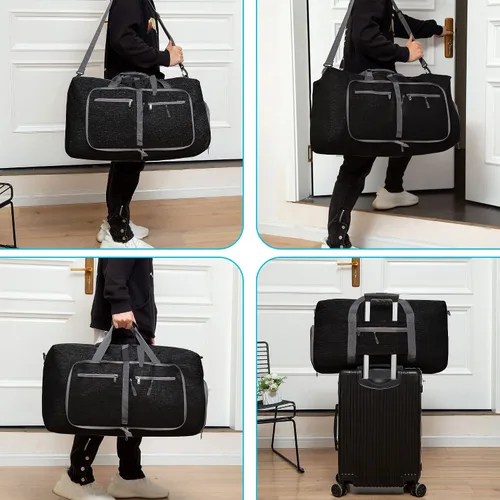 Vista 5 de Vomgomfom Bolsa de lona de viaje para hombres, 65L plegable bolsa de viaje con compartimento para zapatos, bolsa de noche para hombres y mujeres