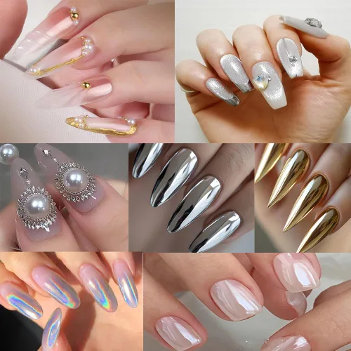 Vista 4 de Kit de polvo de uñas cromado con dijes de perlas de parte trasera plana, brillo de uñas cromado plateado, polvo de uñas cromado dorado para diseño