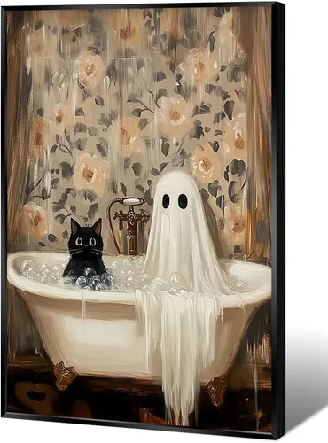 Vista 14 de Póster de dos lindos fantasmas en una biblioteca, arte de pared gótico espeluznante, decoración de Halloween, divertido estampado de fantasma