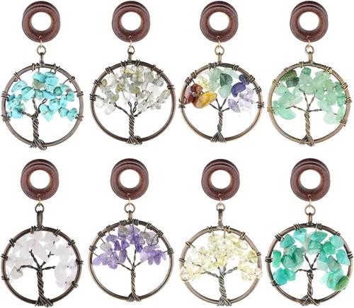 Vista 5 de Kit de dilatación de aretes de madera de cuarzo rosa hecho a mano con diseño de árbol de la vida