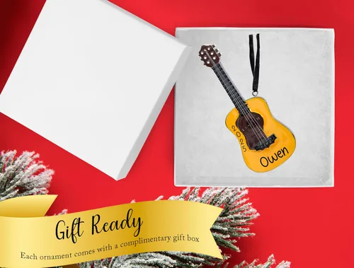 Vista 3 de Adorno de Navidad personalizado de guitarra acústica para instrumento musical 2026 Adorno de guitarra acústica de madera para árbol de Navidad