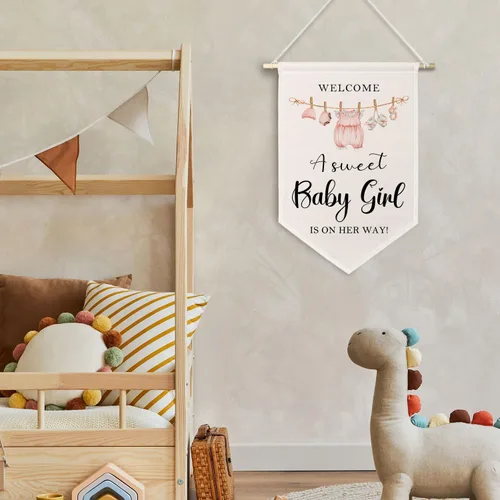 Vista 3 de ChissNook Lienzo decorativo de bienvenida para baby shower, color rosa con texto en inglés "A Sweet Baby Girl Is on Her Way", arte de pared colgante