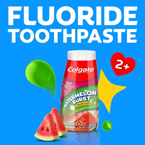 Vista 2 de Colgate pasta de dientes anticavidades para niños con flúor para edades de 2+, sabor a explosión de sandía - 4.6 onzas (4 unidades) For Ages 2 and